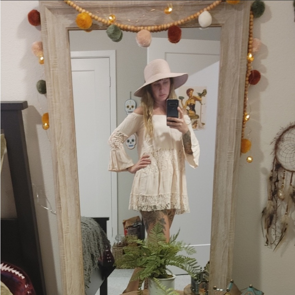Free People Pink Crinkle Gauze Lace Off Shoulder Mini Dress Tunic Blouse Top - Picture 4 of 8